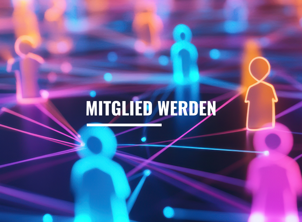 Text auf Bild: Mitglied werden Bild: Neonfarbene Figuren, die durch Linien vernetzt sind